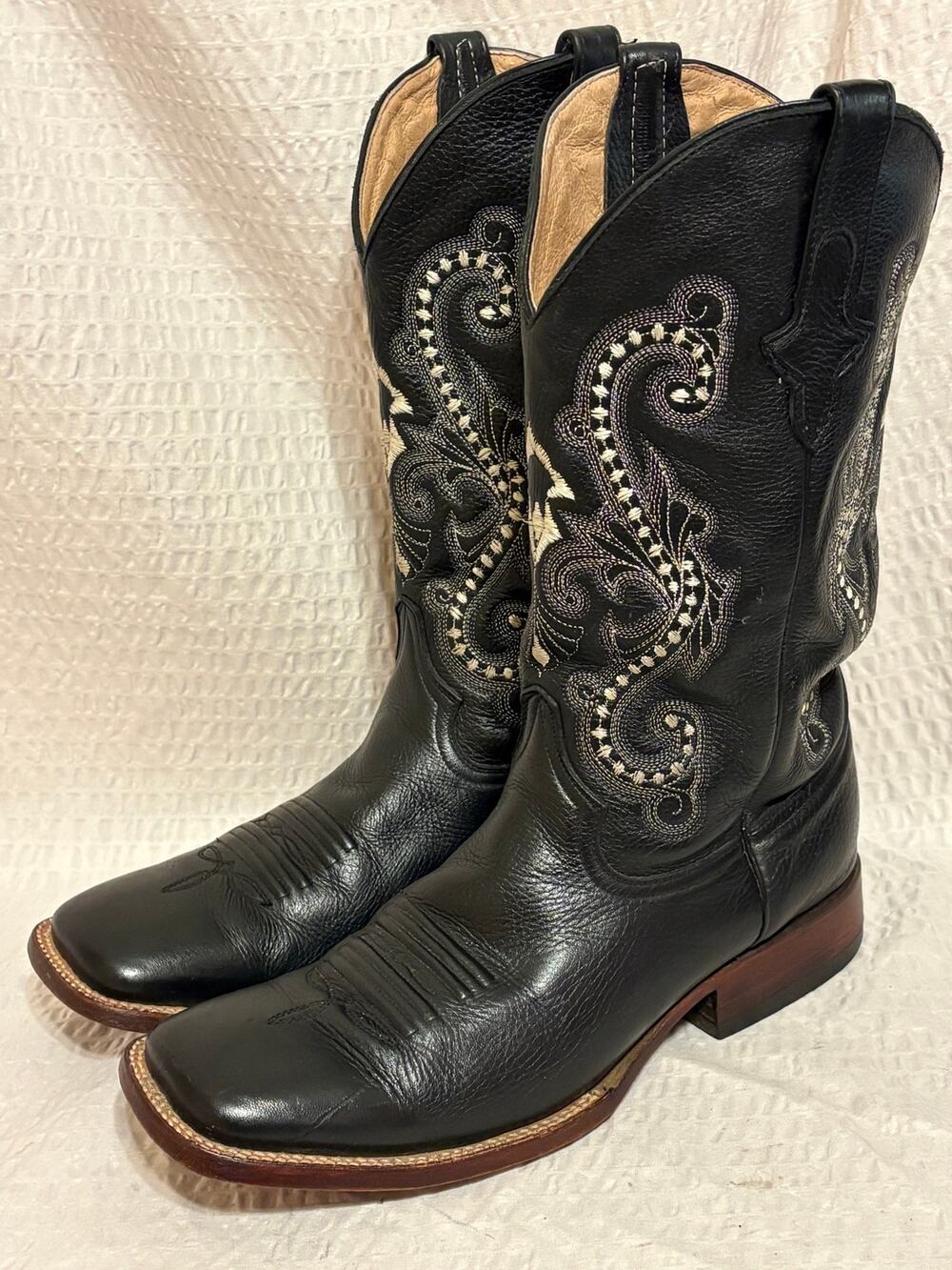 Ferrini 10.5D Men’s Western Boots Black Leather Embroidered Square Toe Mexico